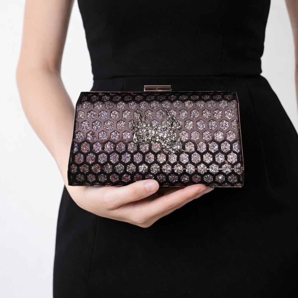 Natasha Rhinestone Honeycomb Hard Case Evening Clutch Plum Purple Formal Bag